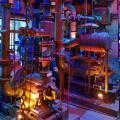 A complex array of industrial pipes and valves bathed in dramatic purple and golden light.